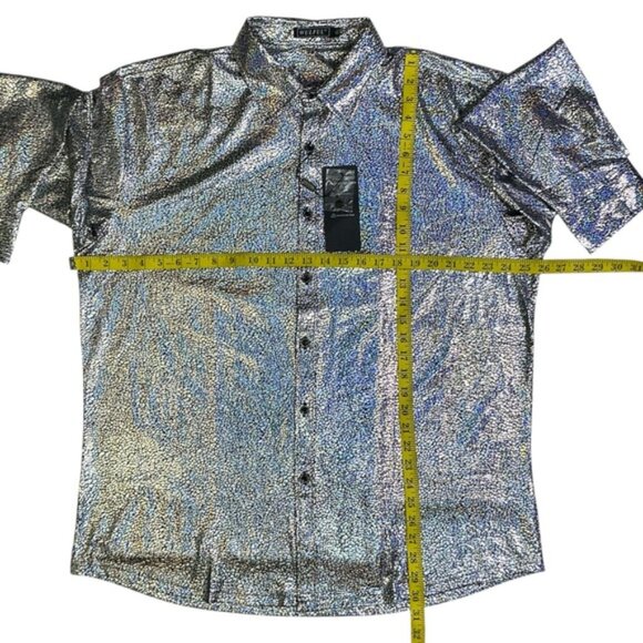 !! SOLD !!  Wulful Disco Party Shirt Metalic Holographic Nightclub Men Silver XL - Picture 12 of 16